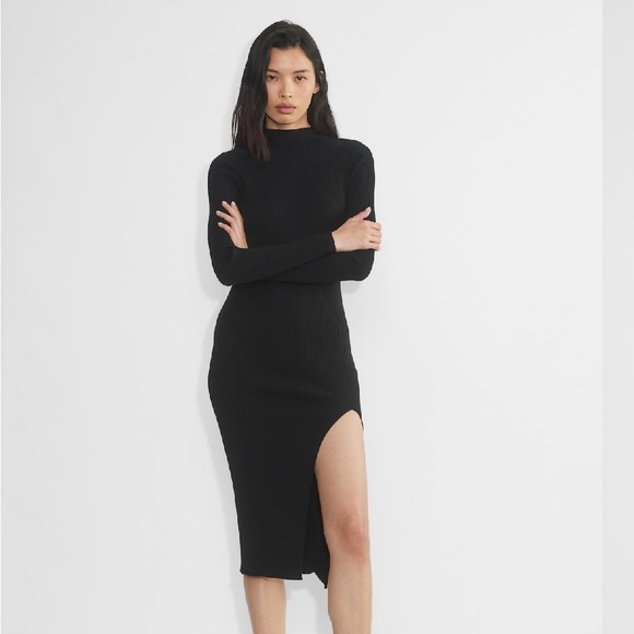 Wilfred Dresses & Skirts - Wilfred Classic Black Knit Long Sleeve Dress Mock Neck High Thigh Slit Sz M
